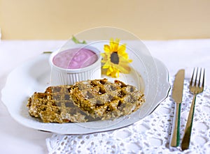 Sweet potato glutenfree waffles with blueberry yogurt dip photo