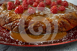 sweet potato and raspberry sponge cake with liquid caramel