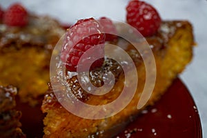 sweet potato and raspberry sponge cake with liquid caramel