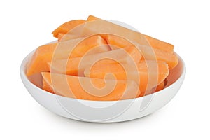 Sweet potato slices in a ceramic bowl isolated on white background with full depth of field