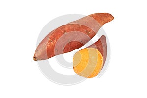 Sweet potato or sweetpotato whole and half tubes isolated on white. Transparent png additional format