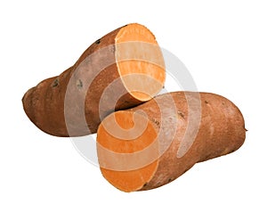 Sweet potato yam isolated on white background, close-up photo