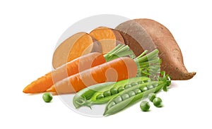 Sweet potato or yams, carrot and green peas isolated on white ba