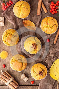 Sweet pumpkin or carrot muffins with fall spices. Autumn dessert.