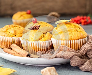 Sweet pumpkin or carrot muffins with fall spices. Autumn dessert.