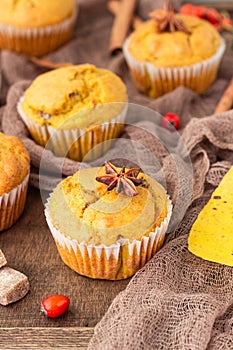 Sweet pumpkin or carrot muffins with fall spices. Autumn dessert.