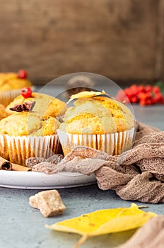 Sweet pumpkin or carrot muffins with fall spices. Autumn dessert.