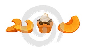 Sweet Pumpkin Foodstuff with Baked Cupcake Vector Set