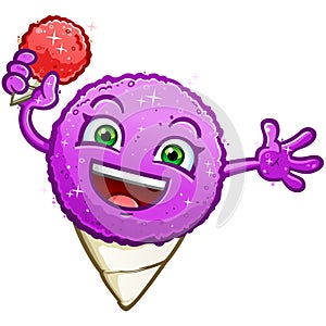 A sweet purple grape flavored snow cone cartoon character holding a small orange snowcone and smiling big