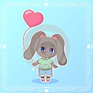 Sweet rabbit Little cute kawaii anime cartoon bunny boy with a pink balloon in the shape of a heart. Children character