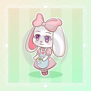 Sweet rabbit Little cute kawaii anime cartoon bunny girl in dress with pink ribbon.