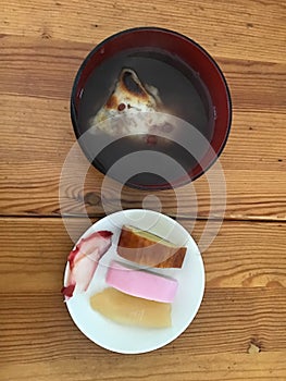 sweet red bean soup with Japanese mochi dessert on leisure afternoon time