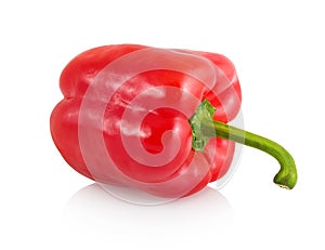 Sweet red bell pepper with green stem isolated on white background with shadow reflection. Red sweet pepper with clipping