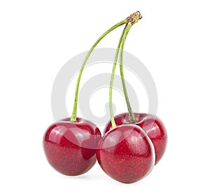 Sweet red cherries isolated on white background. Fresh cherry fruit