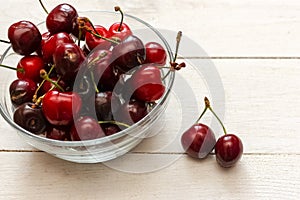Sweet red cherries in a plate on a wooden table