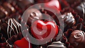 A sweet red heart on a box of chocolate candies. Love and relationship concept