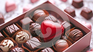 A sweet red heart in a box with chocolate prelines. Love and relationship concept