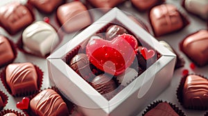 A sweet red heart with chocolate prelines. Love and relationship concept