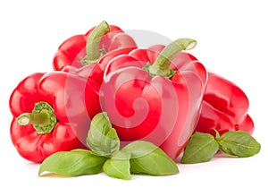 Sweet red pepper and basil leaves still life