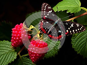Sweet red raspberries with green leaves and a beautiful butterfly with colorful wings on black background