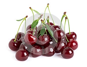 Sweet ripe cherry with leaf