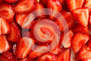 Sweet ripe cut strawberries, closeup