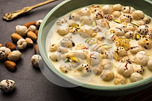 Sweet Roasted Makhana Kheer is an Indian dessert recipe, served in a bowl garnished with dry fruits