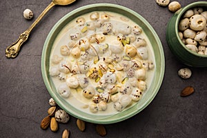 Sweet Roasted Makhana Kheer is an Indian dessert recipe, served in a bowl garnished with dry fruits