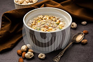 Sweet Roasted Makhana Kheer is an Indian dessert recipe, served in a bowl garnished with dry fruits