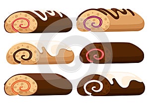 Sweet roll cake. Chocolate swiss roll. Collection of cakes. Flat vector illustration isolated on white background