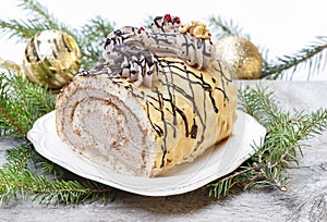 Sweet roll cake in christmas setting