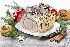 Sweet roll cake in christmas setting