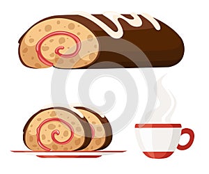 Sweet roll cake on white plate. Chocolate swiss roll. Sweet cake with tea cup, Flat  illustration isolated on white