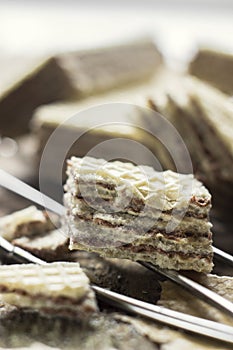 Sweet russian artek waffles on wooden background, with a pot of milk. Traditional sweets and dessert