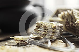 Sweet russian artek waffles on wooden background, with a pot of milk. Traditional sweets and dessert