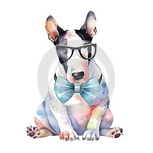 Sweet and Sassy: A Bull Terrier Puppy in Pastel Bandana and Stylish Glasses, in Watercolor AI Generated