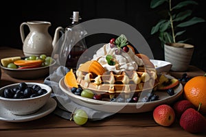 sweet and savory vegan waffles, topped with fresh fruit, maple syrup, and whipped cream