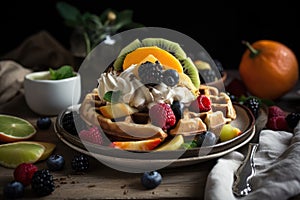 sweet and savory vegan waffles, topped with fresh fruit, maple syrup, and whipped cream