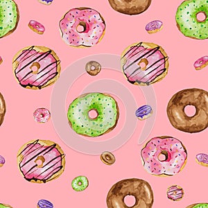 Sweet seamless background. Colorful donut watercolor paints on rose pike isolate background