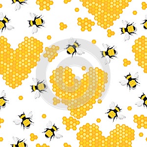 Sweet seamless pattern with bees and honey hearts.