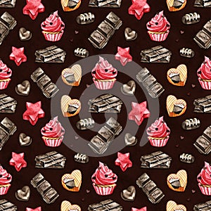 Sweet seamless pattern with chocolate. Watercolor Valentine illustration for any event decoration, black background