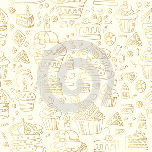 Sweet seamless pattern with cupcakes, cakes, cookies, candies and hearts in golden colors. Tasty food