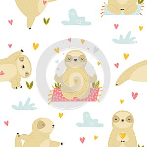 Sweet seamless pattern with cute sloths in asanas.