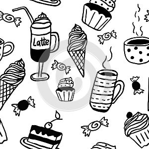 Sweet seamless pattern with drinks and sweets