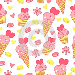 Sweet seamless pattern with ice cream, cupcake macaroons, hearts and flowers.