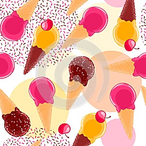 Sweet seamless pattern with multiciolor fruit and chocolate ice cream cones and cherries.