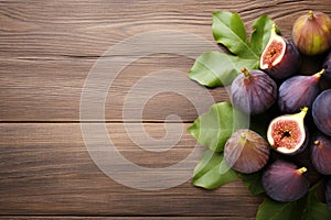 Sweet and Sensational Fresh Figs on Wooden Background with Copy Space. AI Generated