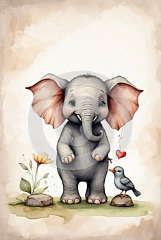 Sweet Serenity: Hand-Drawn Baby Elephant with yellow Flower and Blue Bird