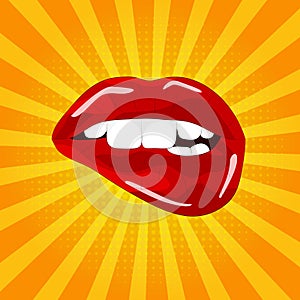 Sweet pop art Pair of Glossy Vector Lips. Open wet red lips with teeth pop art , illustration, pattern.