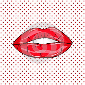 Sweet pop art Pair of Glossy Vector Lips. Open wet red lips with teeth pop art set backgrounds, illustration, pat